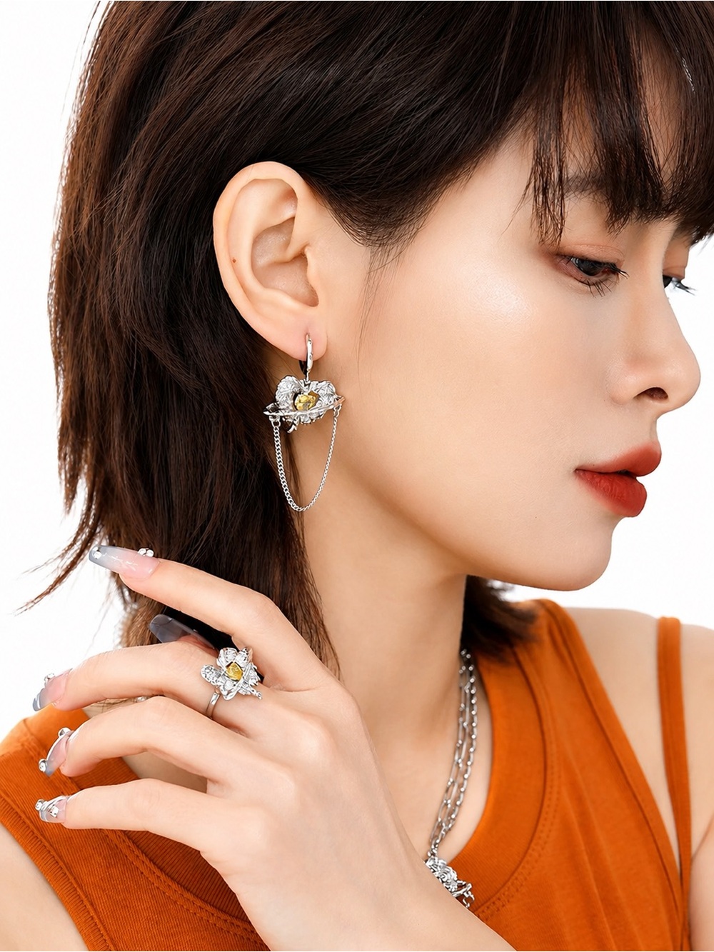 Seraph Orbit Earrings - Angel Wing Heart Chain Hoop Earrings